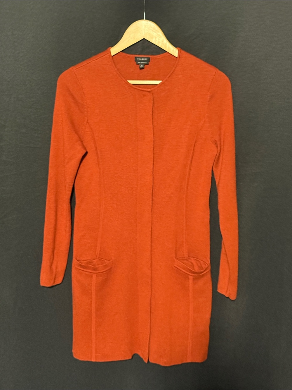 Talbots Rust-Colored Long Sleeve Knit Coat-Style 100% Merino Wool Cardigan